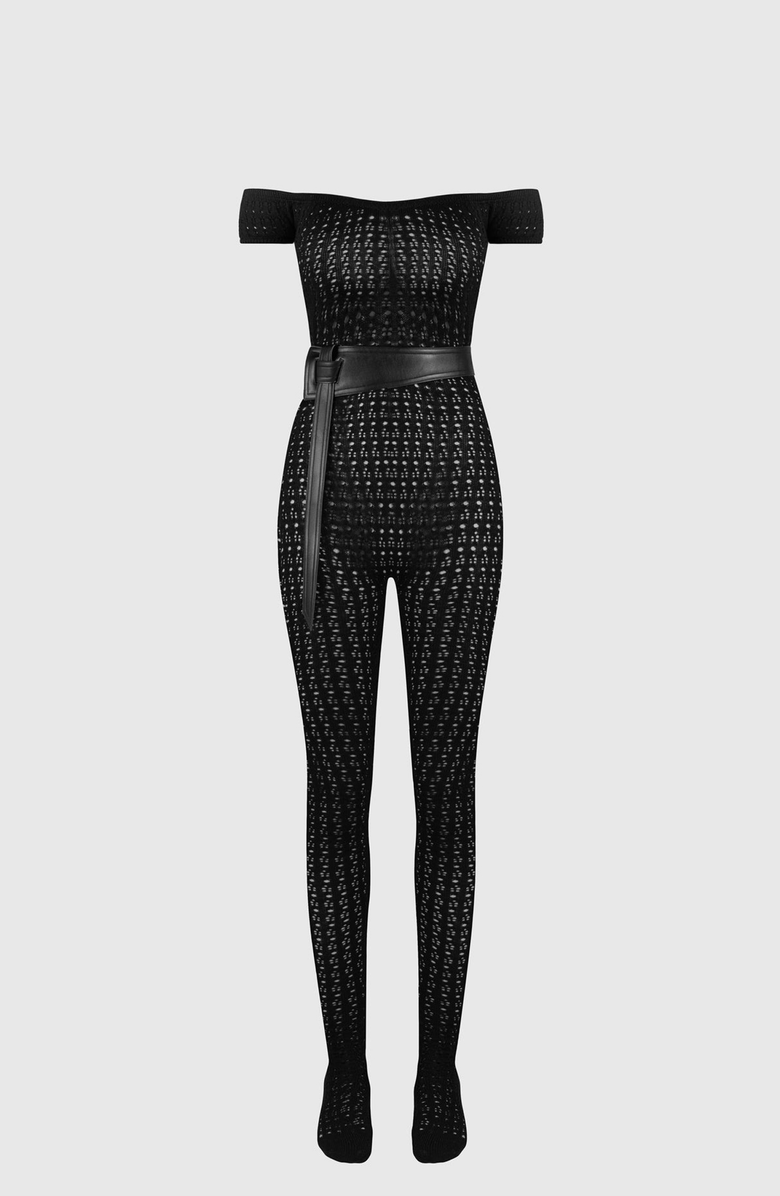Manière De Voir Martine Pointelle Knit Bardot Jumpsuit with Belt, Alternate, color, Black