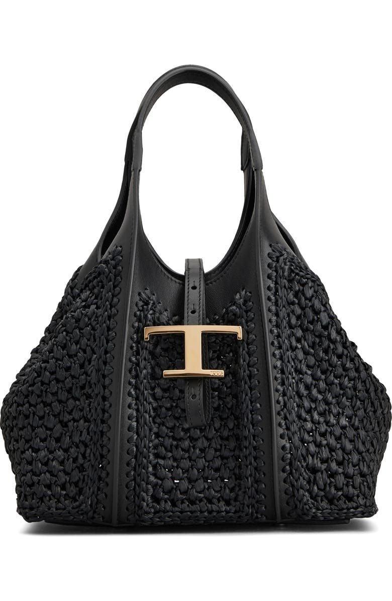 Tod
s Mini T Timeless Crochet Raffia
Leather Shopping Bag, Main, color, Nero