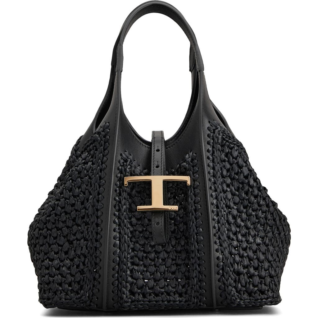 Tod's Mini T Timeless Crochet Raffia & Leather Shopping Bag In Nero