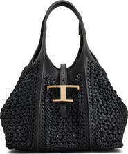 Tod's Mini T Timeless Crochet Raffia & Leather Shopping Bag