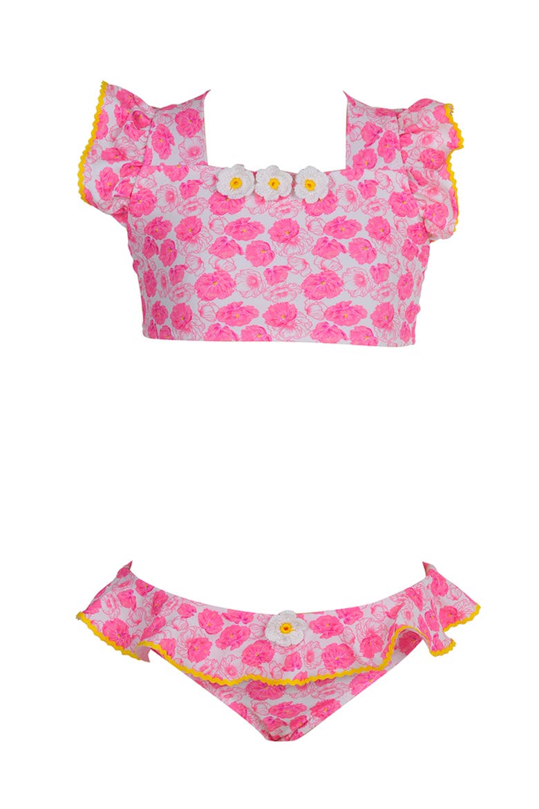 Floral Ruffle with 3D Crochet Flowers Two Piece Bikini, Main, color, Pink