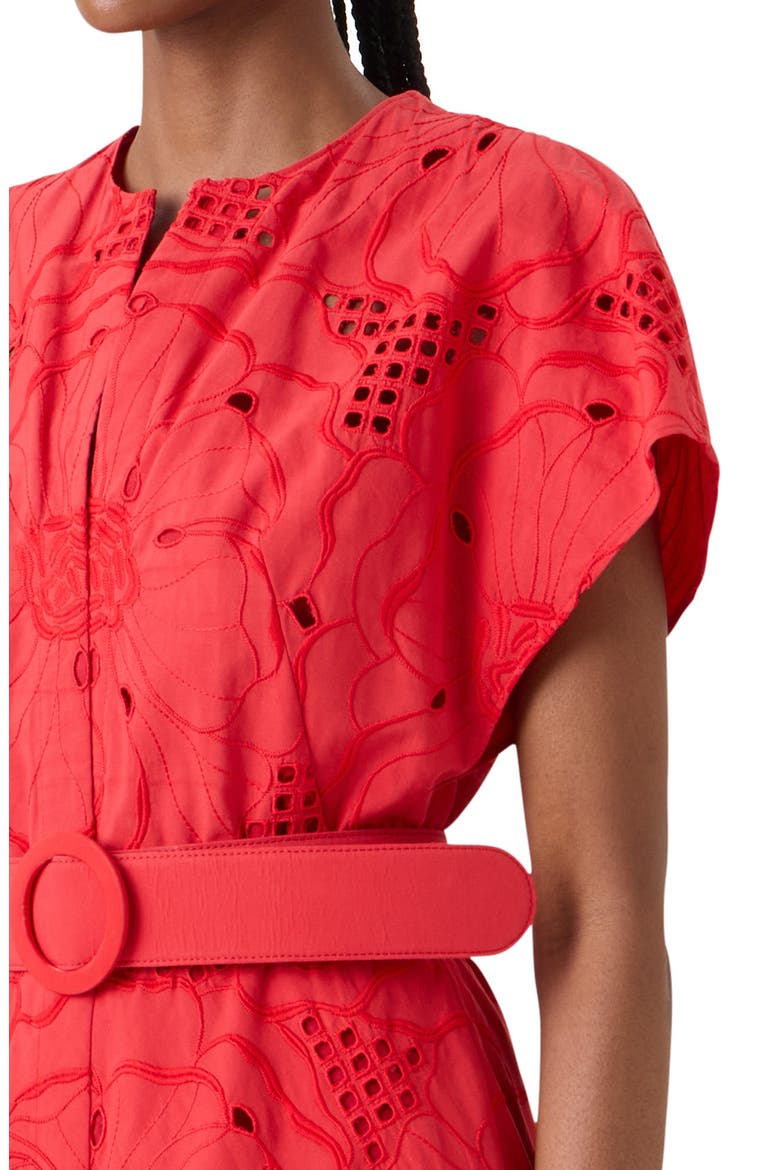 Floral Eyelet Embroidered Belted Cotton Poplin Dress, Alternate, color, RED
