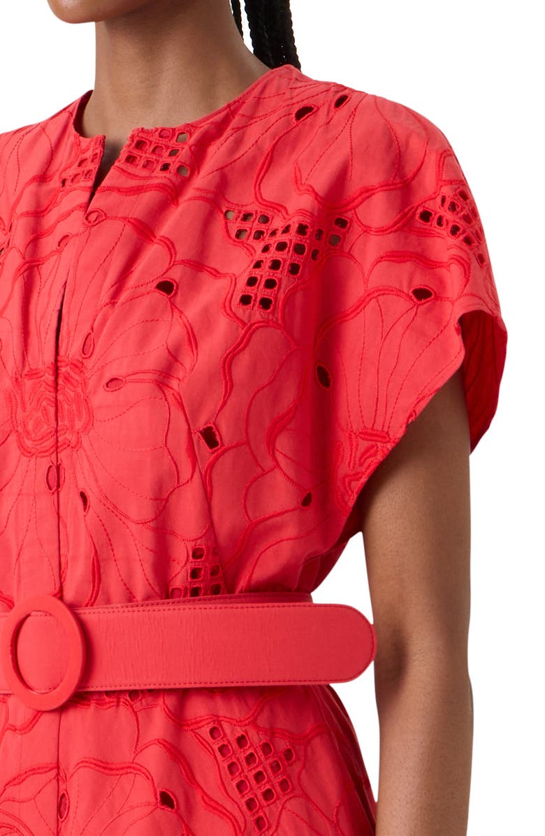 Akris punto Floral Eyelet Embroidered Belted Cotton Poplin Dress, Alternate, color, Red