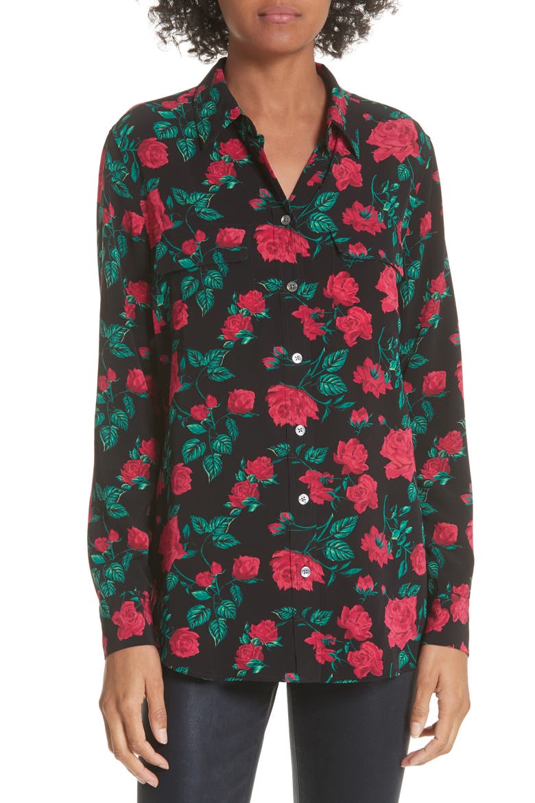 Slim Signature Floral Blouse, Main, color, TRUE BLACK MULTI