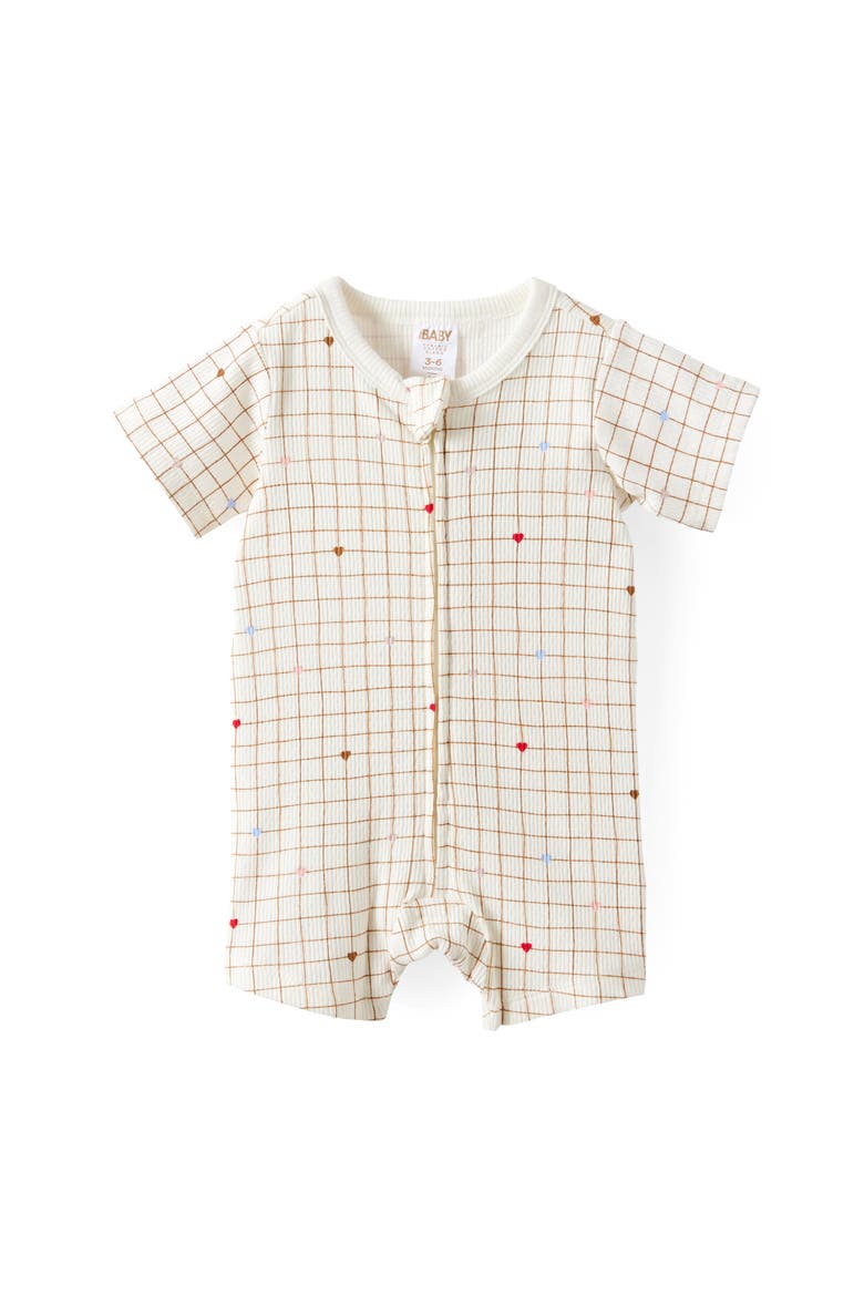 Littlie Organic Short Sleeve Zip All In One Romper, Main, color, Milk Spot Grid