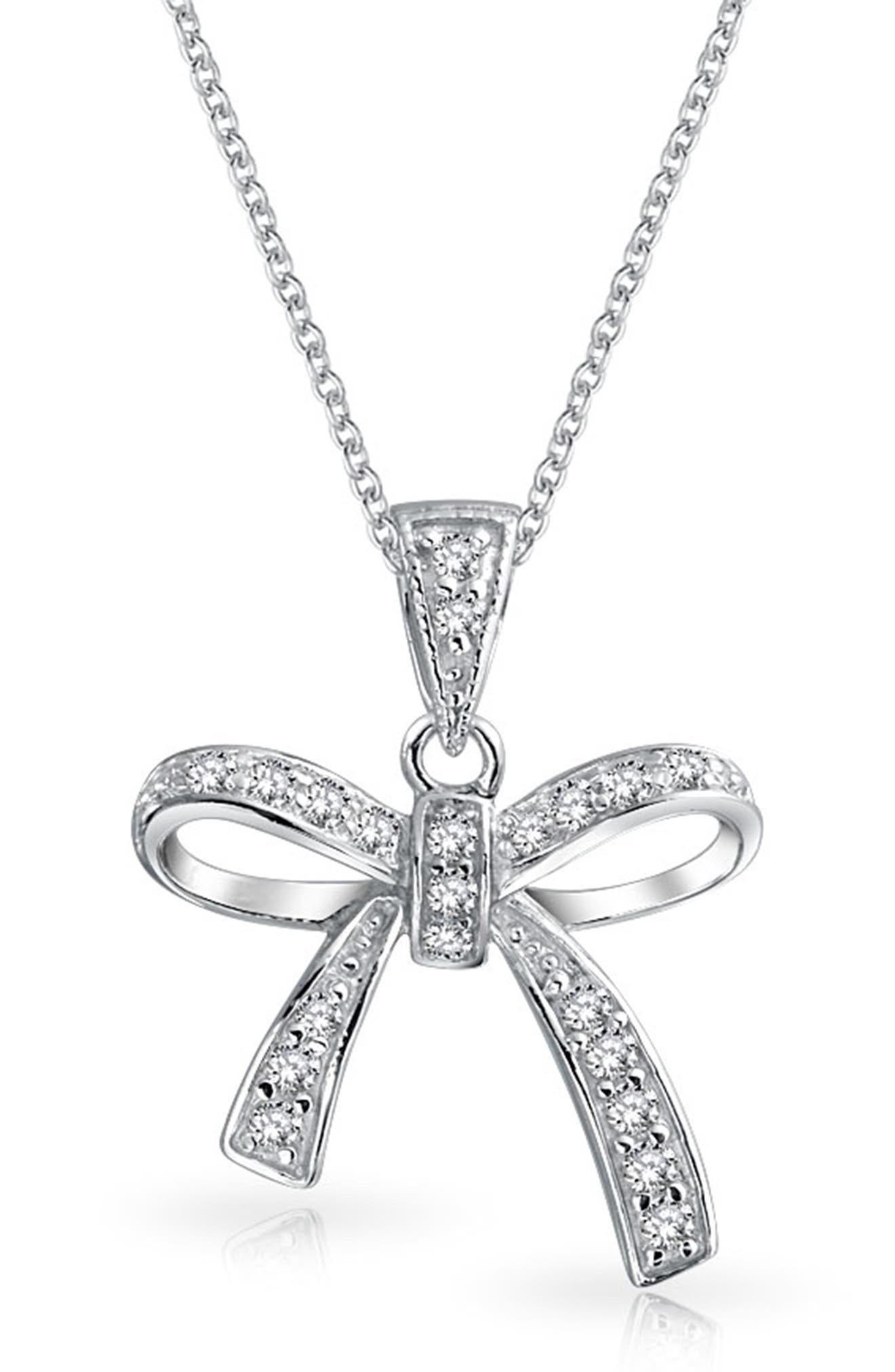 BLING JEWELRY Sterling Silver CZ Pave Bow Pendant Necklace
