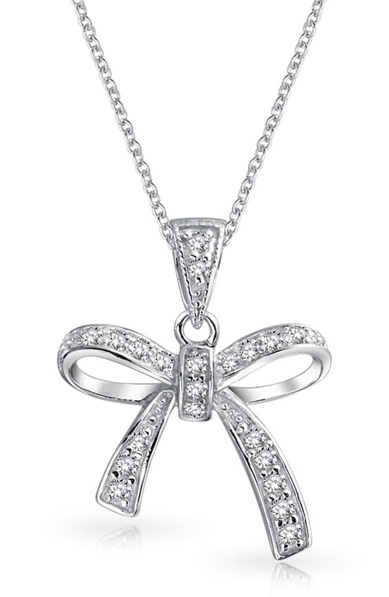 BLING JEWELRY Sterling Silver CZ Pave Bow Pendant Necklace, Main, color, Clear