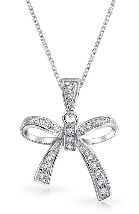 Sterling Silver CZ Pave Bow Pendant Necklace