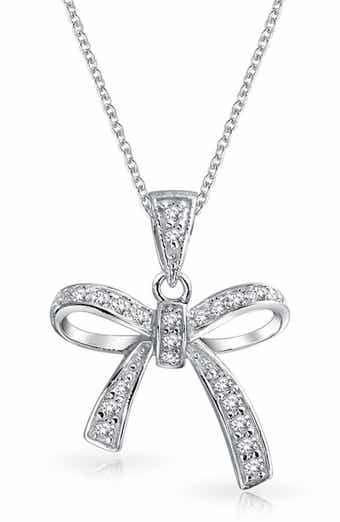 BLING JEWELRY Sterling Silver CZ Pave Bow Pendant Necklace