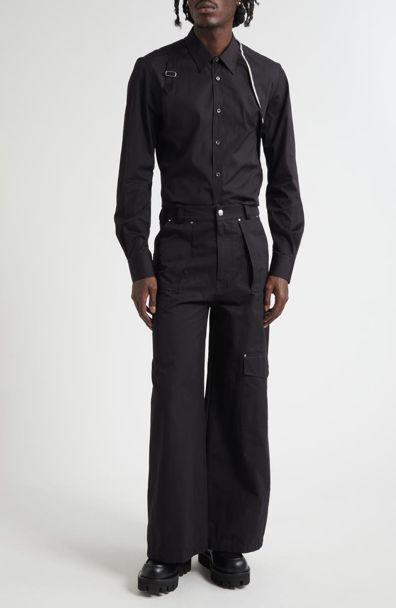 McQueen Raw Edge Harness Cotton Popling Button-Up Shirt, Alternate, color, Black