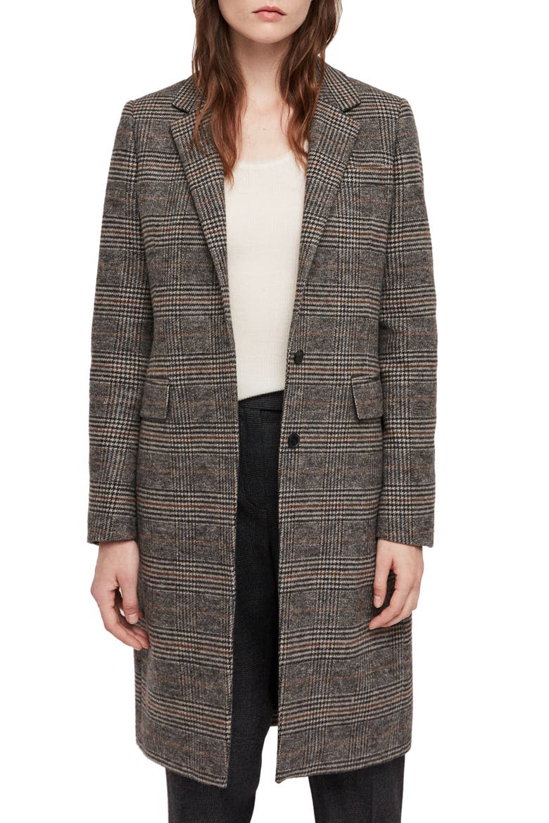 Indra Wool & Cotton Blend Check Coat, Main, color, CHARCOAL GREY