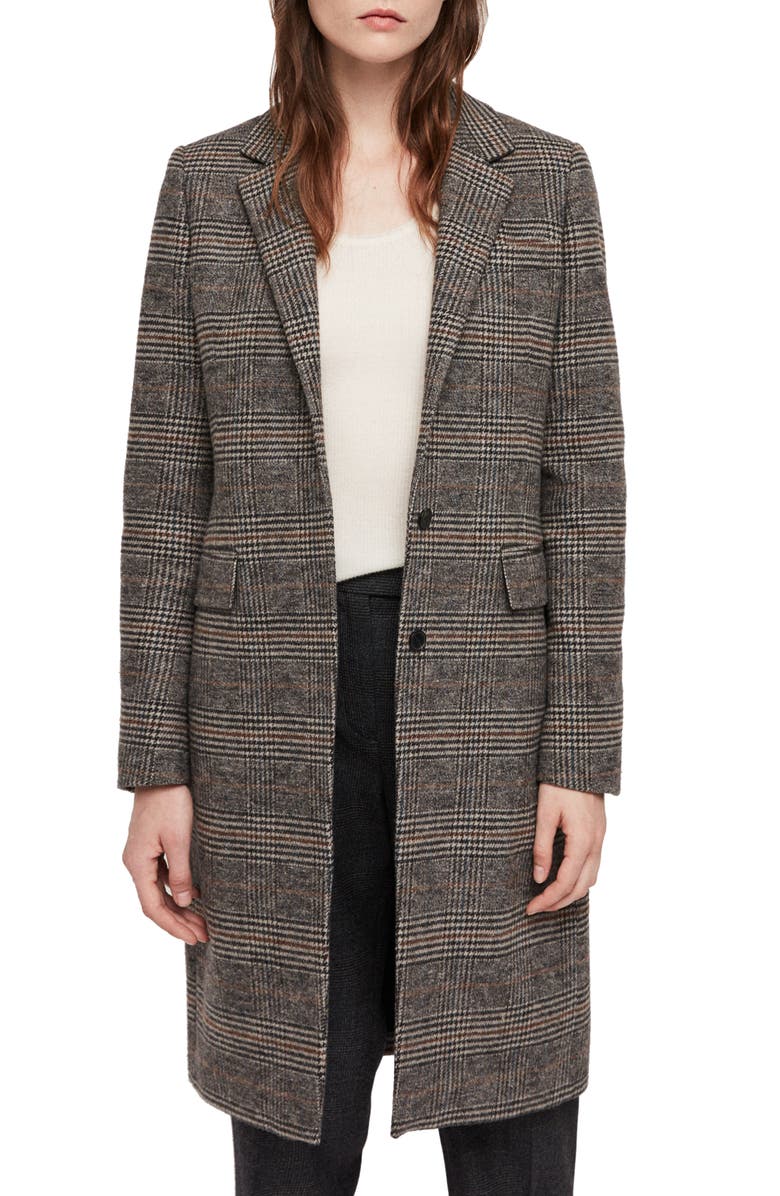 AllSaints Indra Wool & Cotton Blend Check Coat, Main, color, 