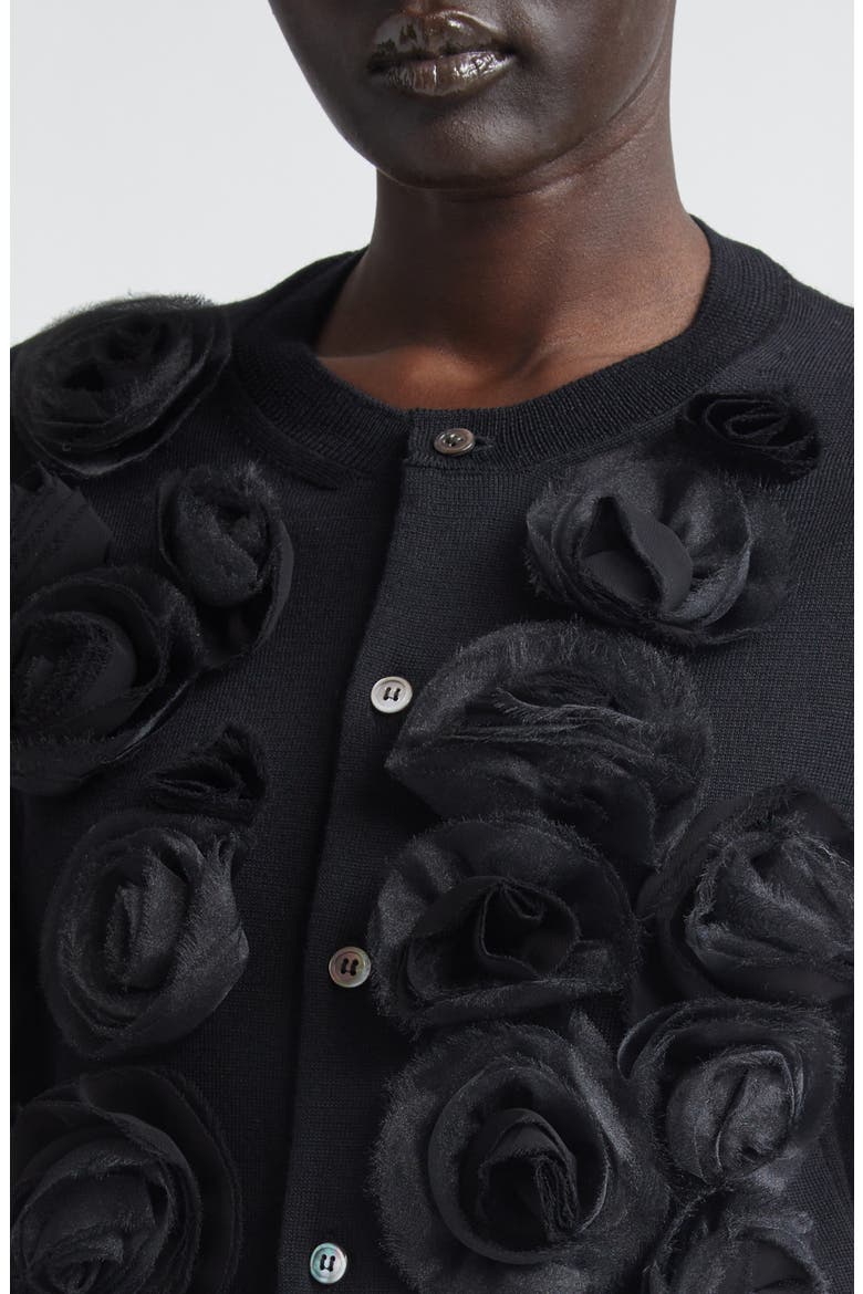 Rosette Appliqué Wool Cardigan, Alternate, color, BLACK
