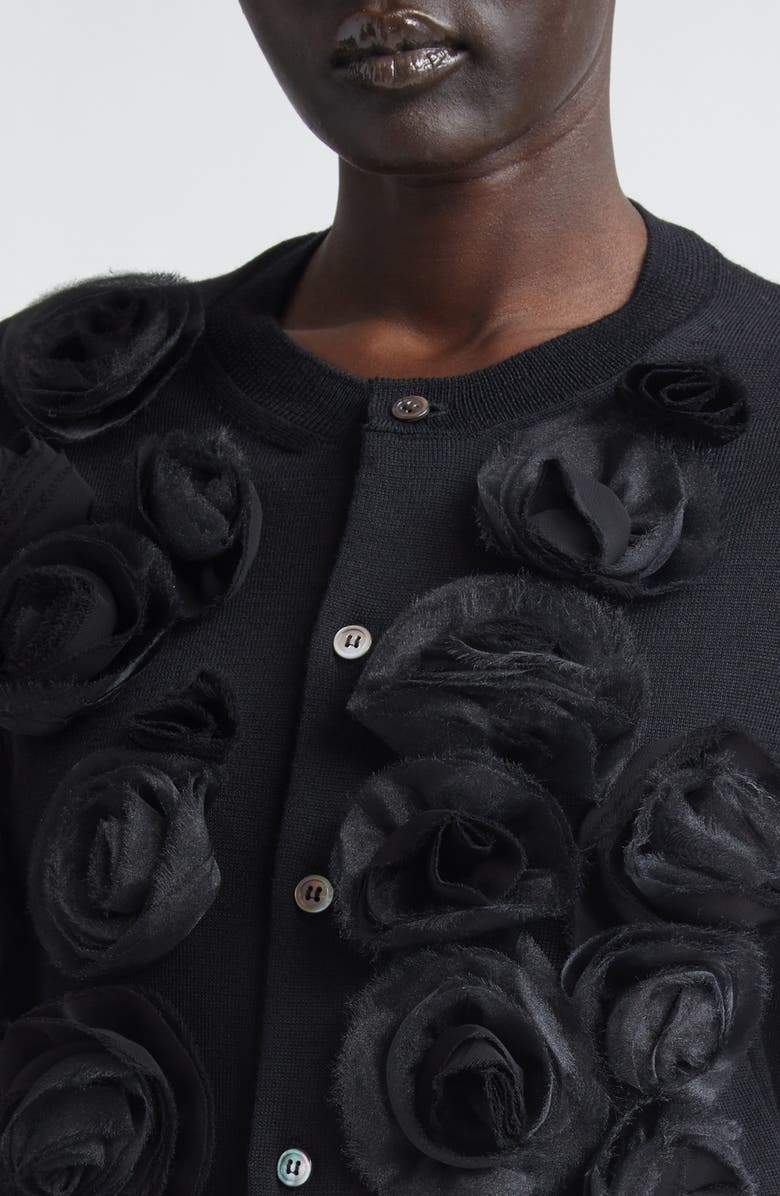 Comme des Garçons Comme des Garçons Rosette Appliqué Wool Cardigan, Alternate, color, Black