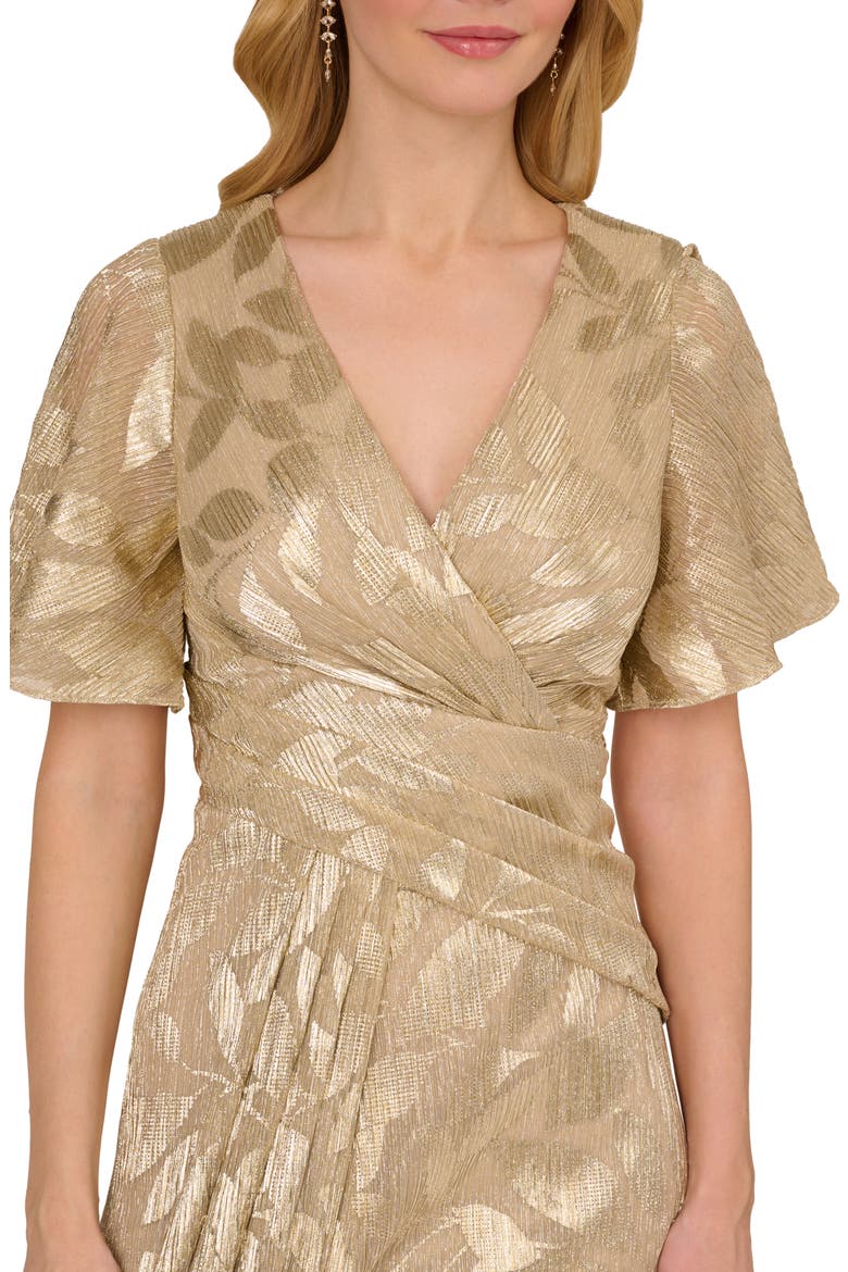 Metallic Leaf Jacquard Draped Gown, Alternate, color, CHAMPAGNE/ GOLD