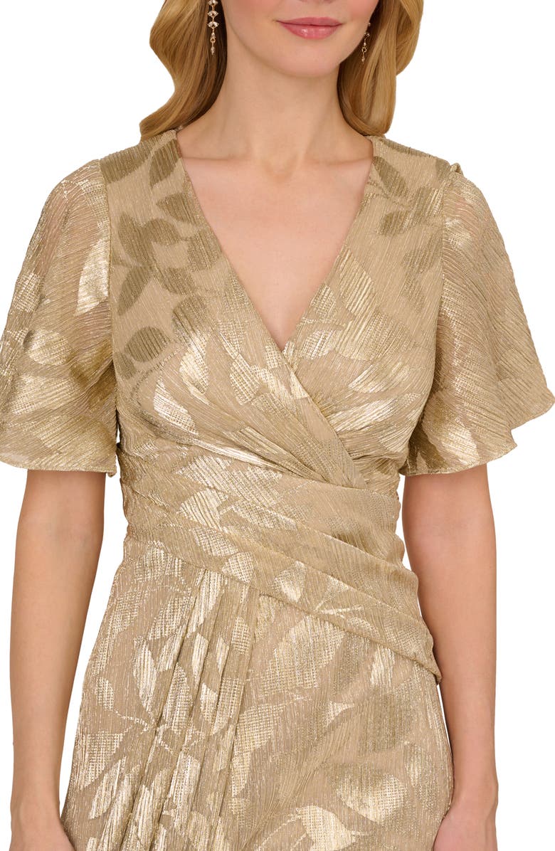 Adrianna Papell Metallic Leaf Jacquard Draped Gown, Alternate, color, Champagne/ Gold