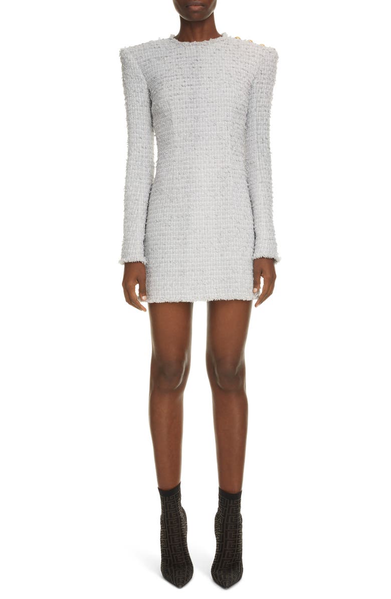 Balmain Long Sleeve Tweed Minidress, Main, color, 