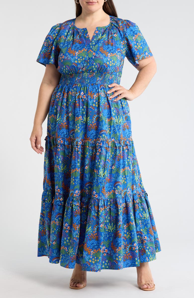 SUGARLIPS Ruy Floral Palmer Tiered Cotton Maxi Dress, Main, color, Blue