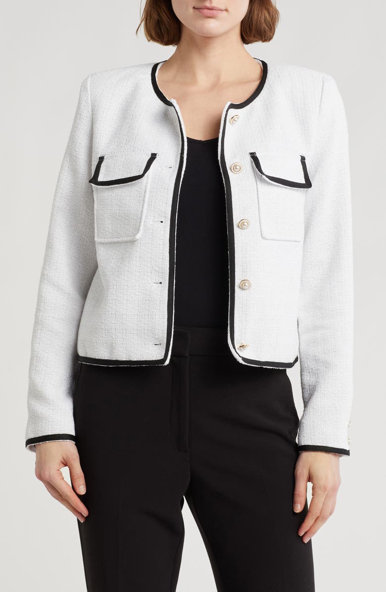 Nanette Lepore Denim Trim Bouclé Tweed Jacket, Main, color, White/ Black