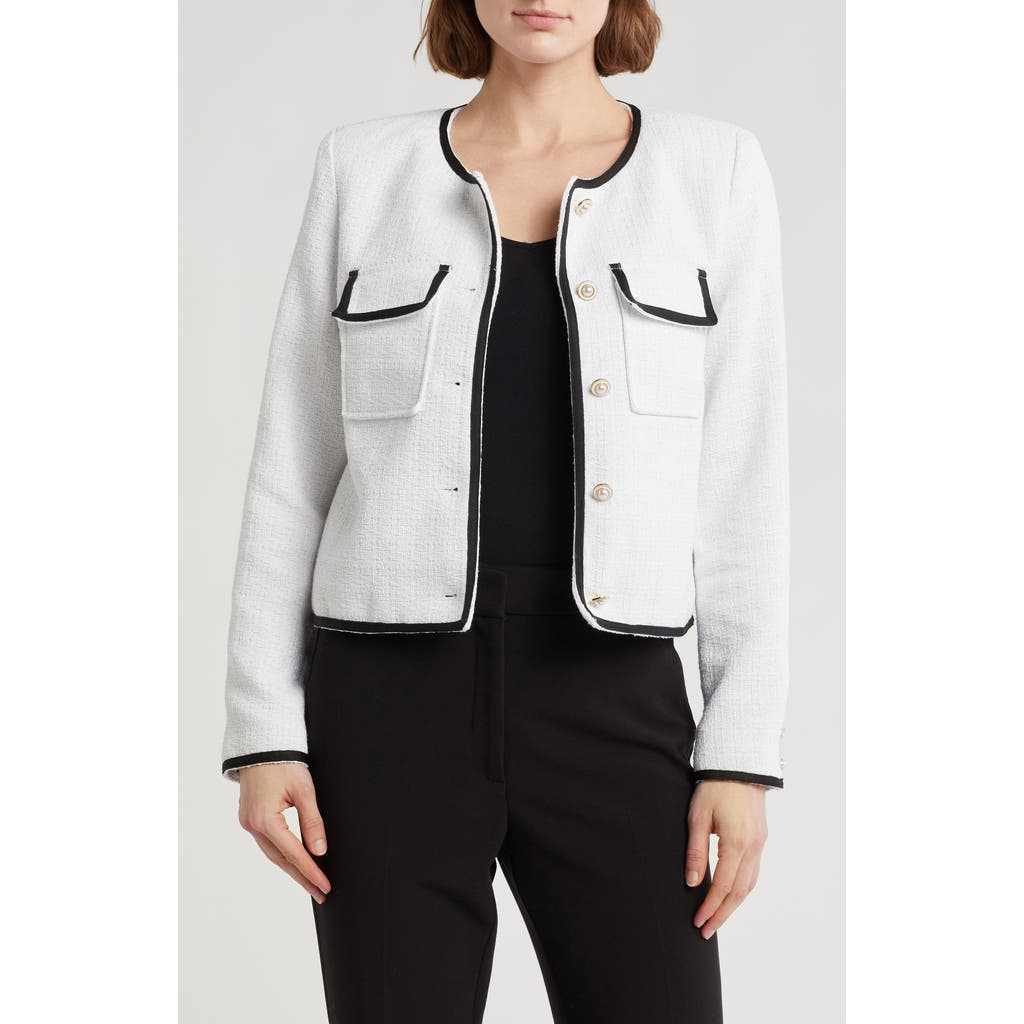 Nanette Lepore Denim Trim Bouclé Tweed Jacket in White/Black at Nordstrom Rack, Size Large