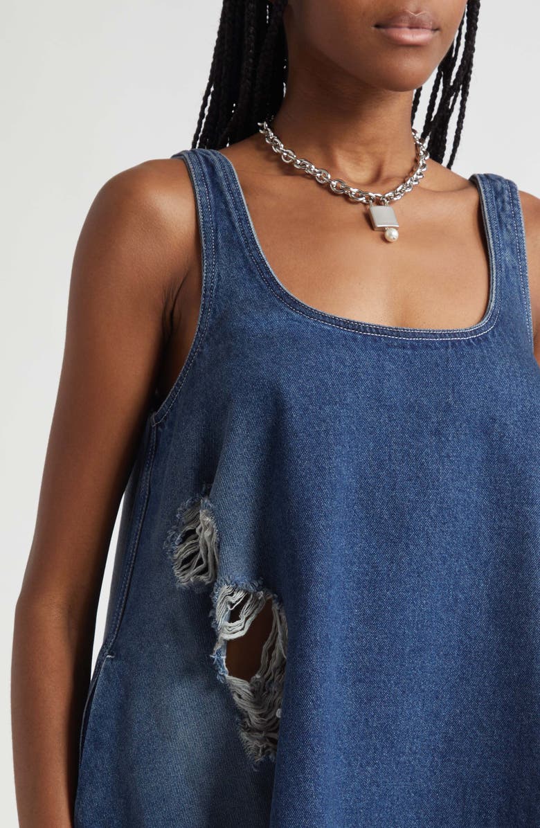 Simone Rocha Embellished Distressed Denim A-Line Dress, Alternate, color, Distressed Blue