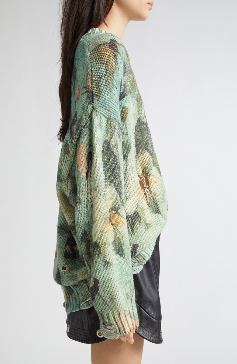 R13 Ripped Floral Oversize Cotton Sweater, Alternate, color, Turquoise Floral