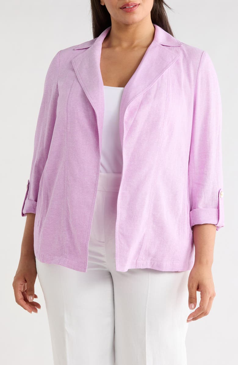 KASPER Roll-Tab Linen Blend Jacket, Main, color, Cosmo Pink/ Lily White