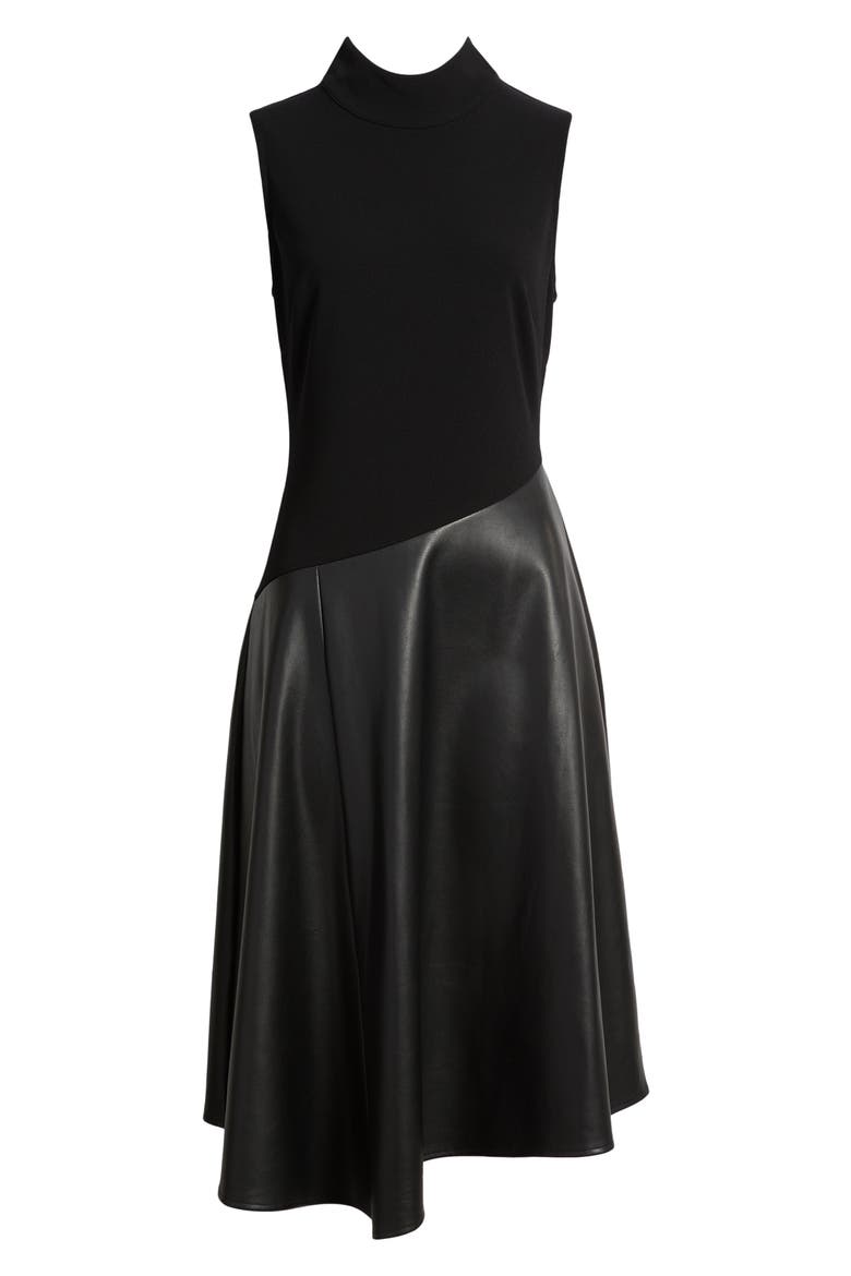 Mixed Media Asymmetric Mock Neck Midi Dress, Alternate, color, BLACK/ BLACK