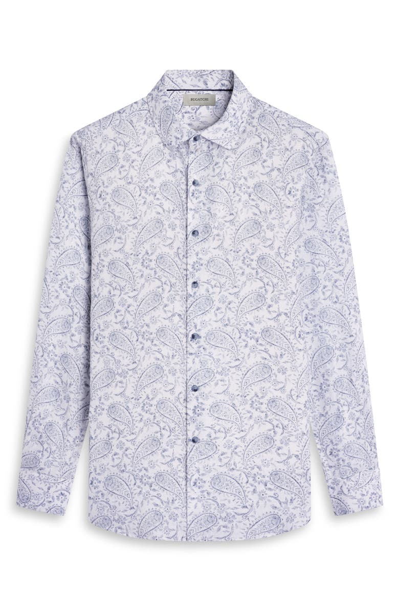 Bugatchi Julian Shaped Fit Paisley Print Linen Button-Up Shirt, Alternate, color, White