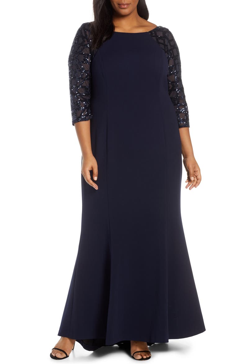 Sequin Crepe Trumpet Gown, Alternate, color, NAVY