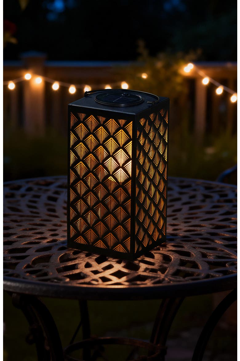 Square Textured Glass Pattern Solar Powered Hanging Lantern with LED Light, Alternate, color, Black