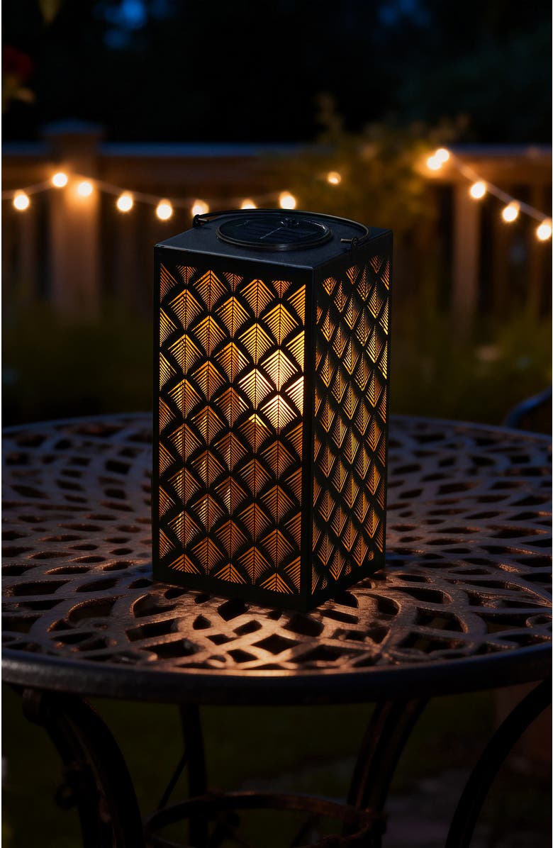 Glitzhome Square Textured Glass Pattern Solar Powered Hanging Lantern with LED Light, Alternate, color, Black