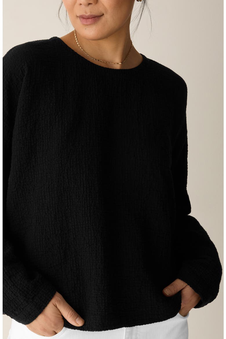 Crinkled Boxy Long Sleeve Stretch Organic Cotton Top, Alternate, color, BLACK