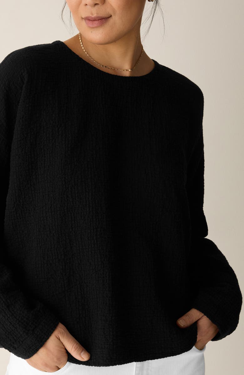 Eileen Fisher Crinkled Boxy Long Sleeve Stretch Organic Cotton Top, Alternate, color, Black