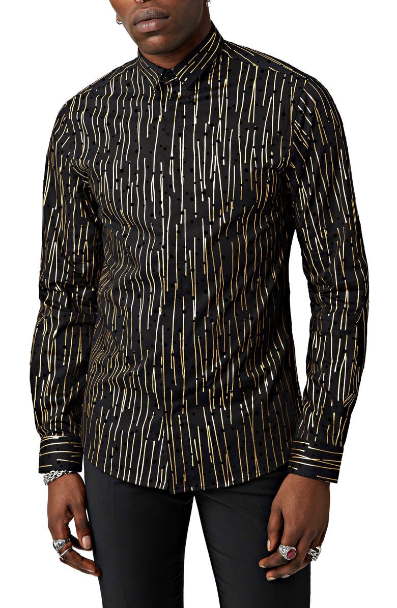 Twisted Tailor Sagrada Metallic Foil Flocked Dot Slim Fit Cotton Button-Up Shirt, Main, color, 