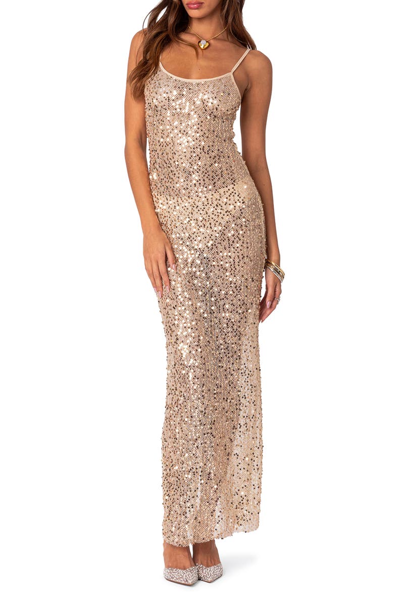 Sheer Mesh Sequin Maxi Dress, Main, color, GOLD