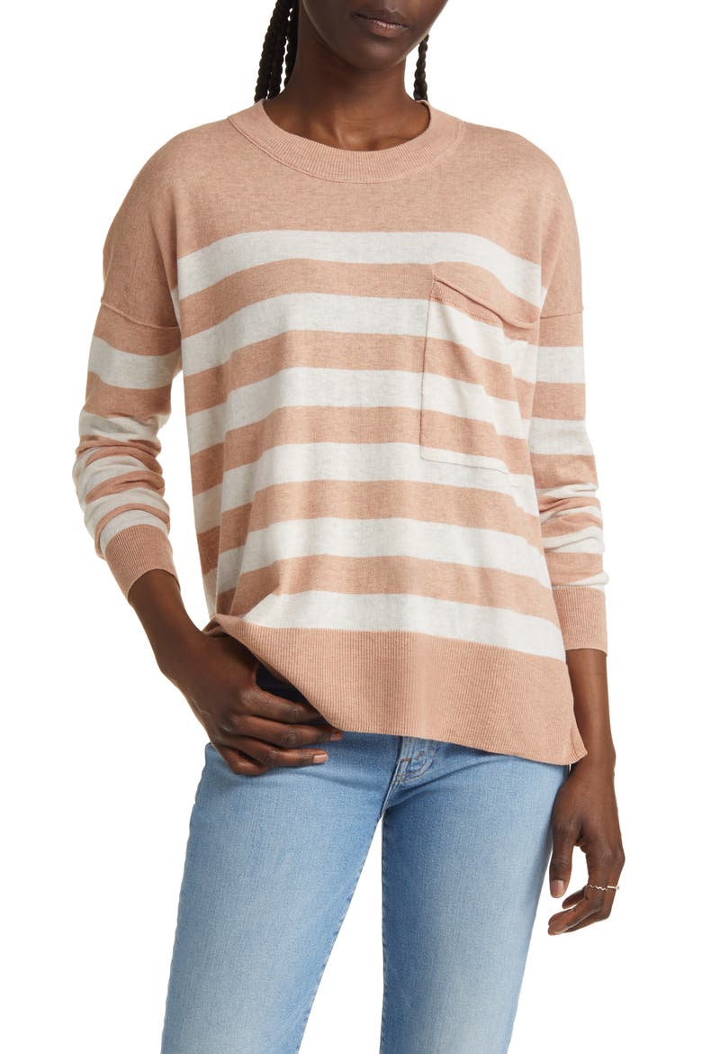 Lightweight Stripe Pocket Sweater, Main, color, HEATHER TERRACOTTA