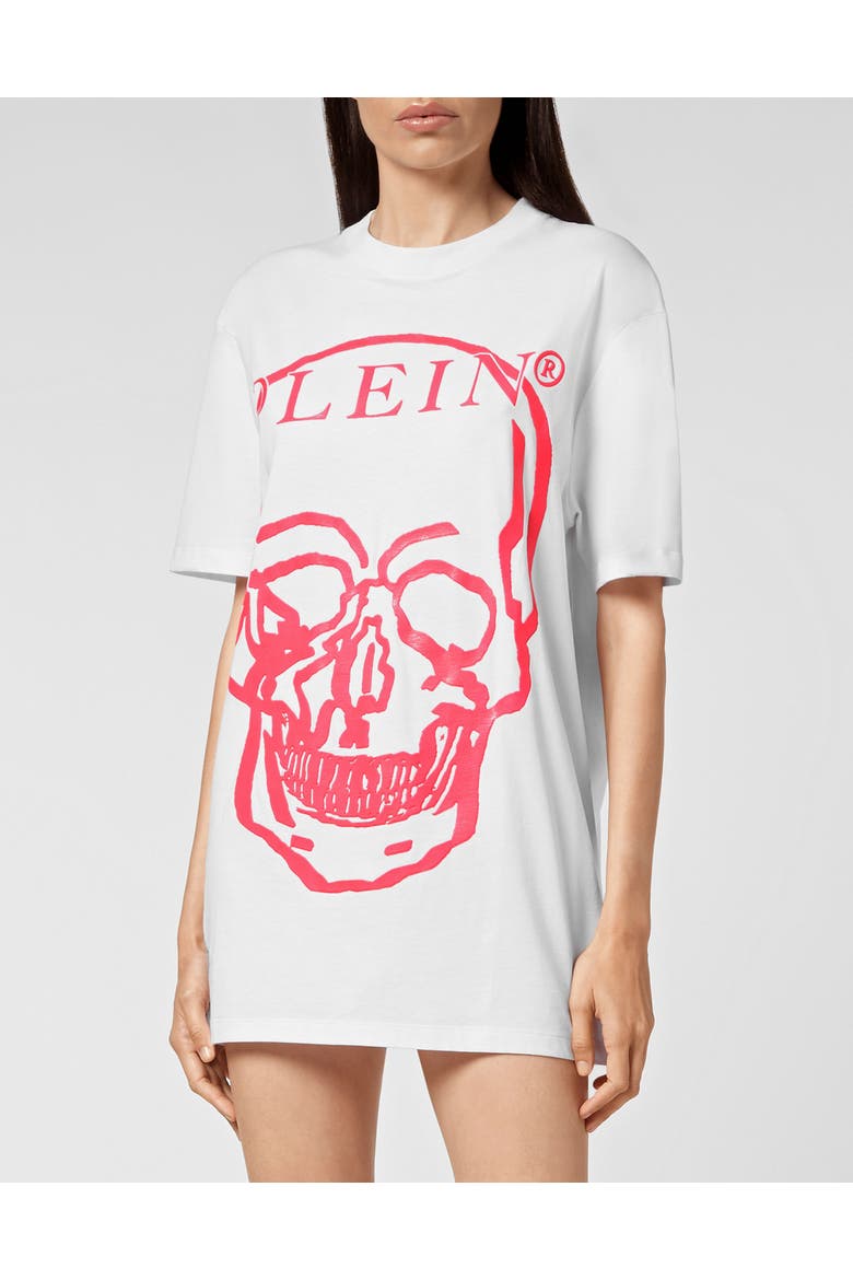 Jersey T-Shirt Round Neck Ss Skull And Plein Unisex, Alternate, color, white+fuchsia