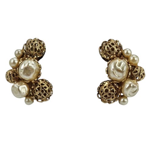 Vintage Faux Pearl Earings Clip On Gold Tone