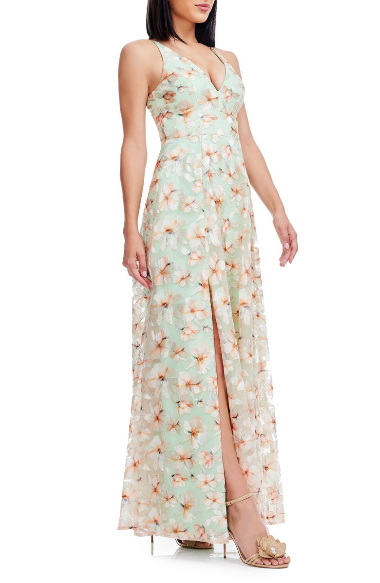 Dress the Population Alyssa Embroidered Floral Gown, Alternate, color, Sage Multi