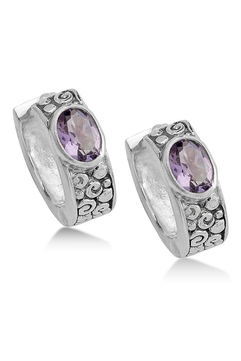 Sterling Silver Oval Cut Amethyst Huggie Hoop Earrings, Main, color, PURPLE