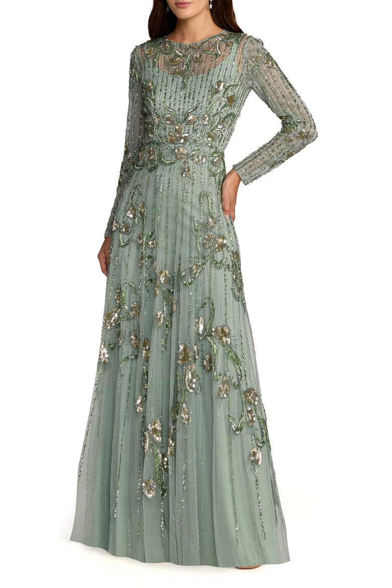 Women's Embellished Long Sleeve A-Line Gown, Main, color, Sage
