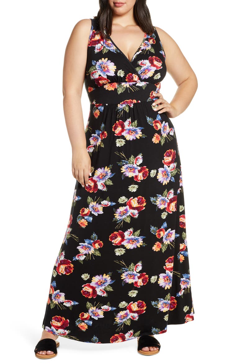 Floral Halter Neck Maxi Dress, Main, color, BLACK/ CORAL