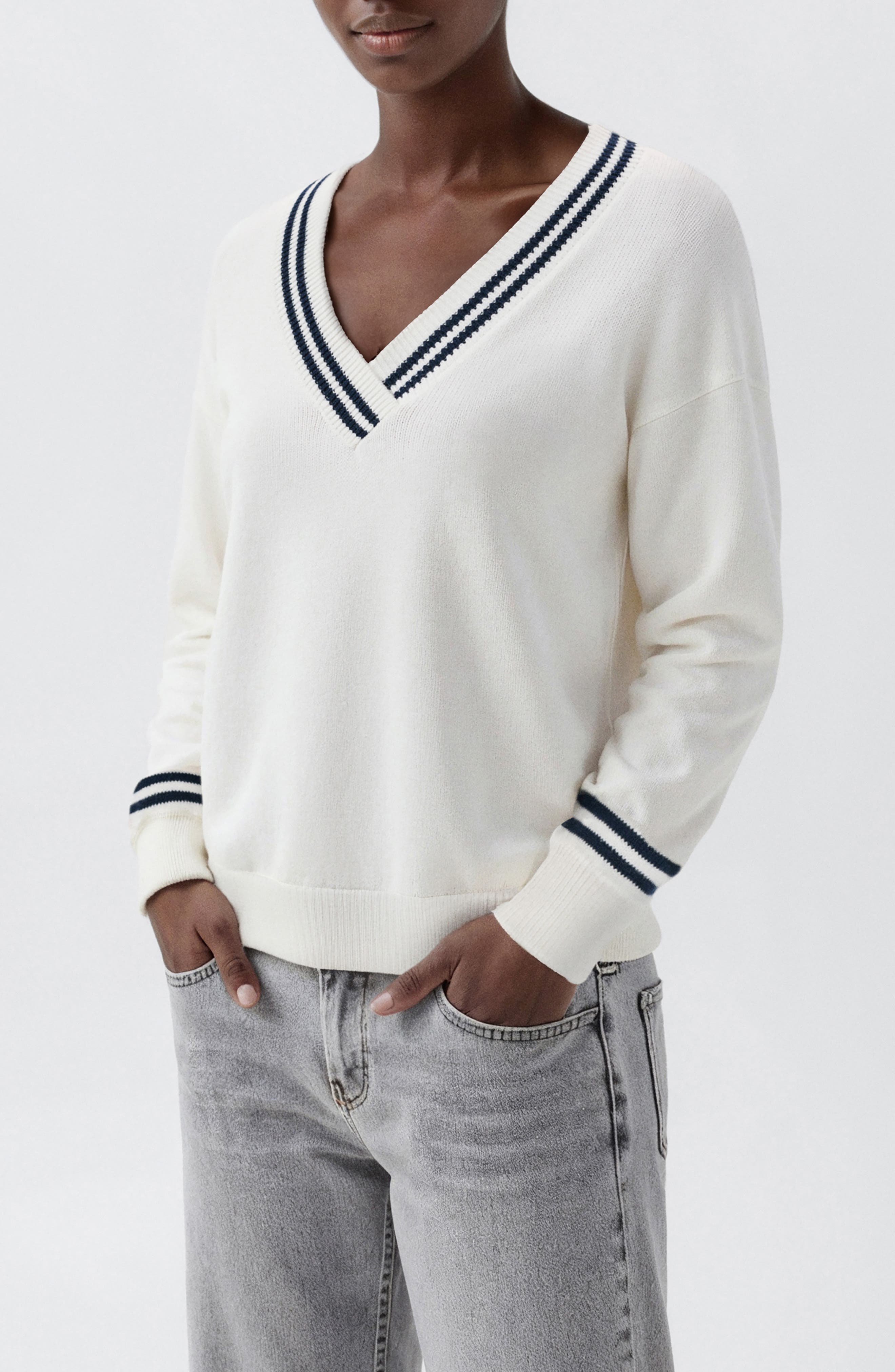 Stripe V-Neck Cotton Blend Sweater