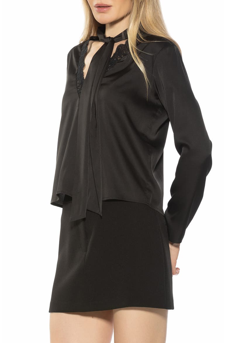 Vienne Lace Trim Tie Neck Blouse, Alternate, color, BLACK