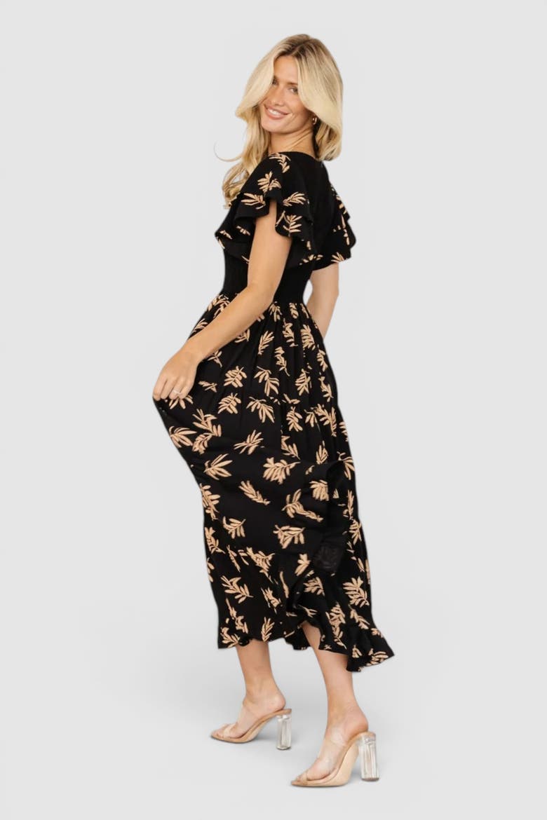 Estelle Smocked Midi Dress, Alternate, color, Black + Tan Print