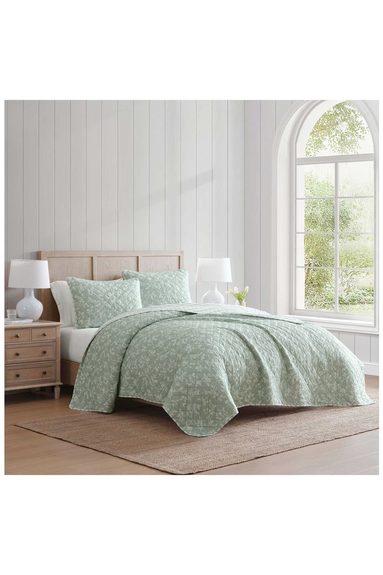 French Bird Floral Reversible Quilt Set, Alternate, color, GREY GREEN/ WHITE