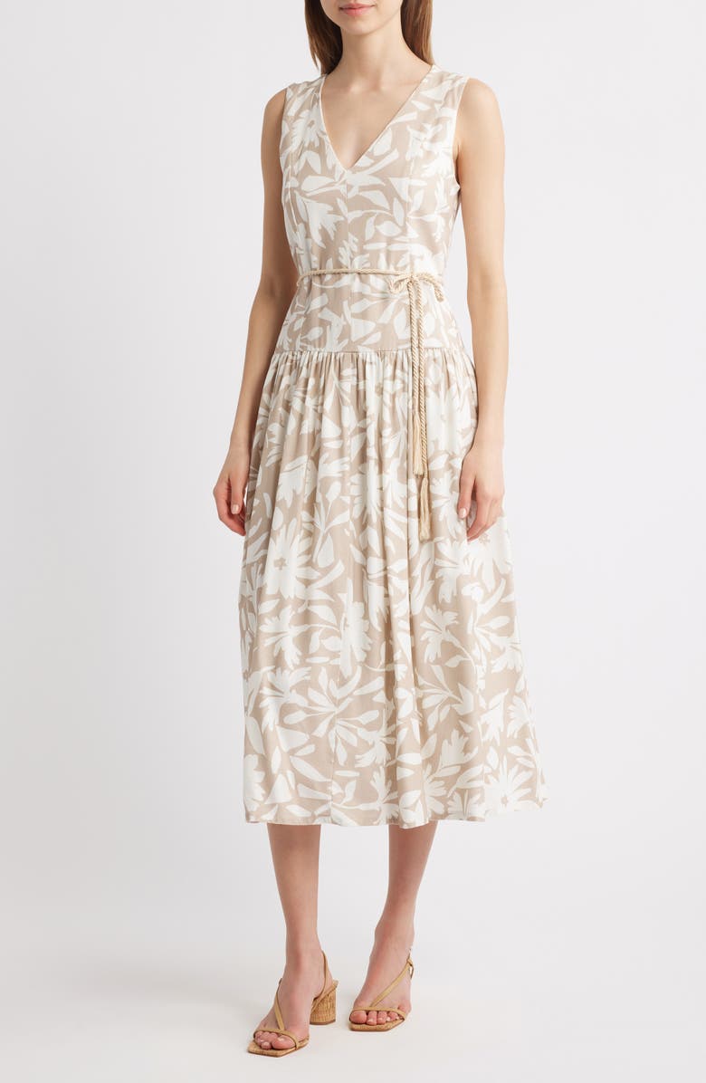 Julia Jordan Print Drop Waist Sleeveless Maxi Dress, Main, color, Beige Ivory