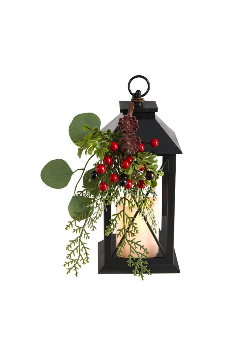 NEARLY NATURAL 12-in Holiday Berries and Greenery Metal Lantern Artificial Table Christmas Arrangement with LED Candle Included, Main, color, Green/Red