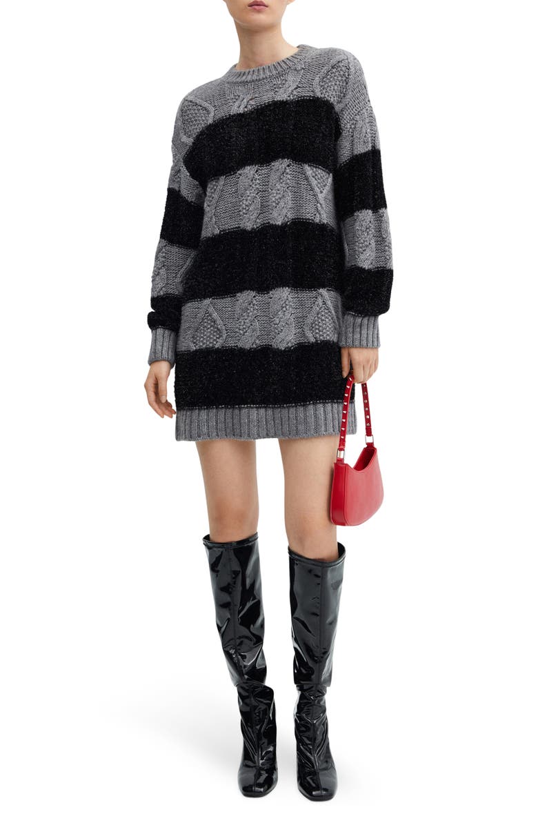MANGO Metallic Stripe Cable Long Sleeve Sweater Dress, Main, color, 